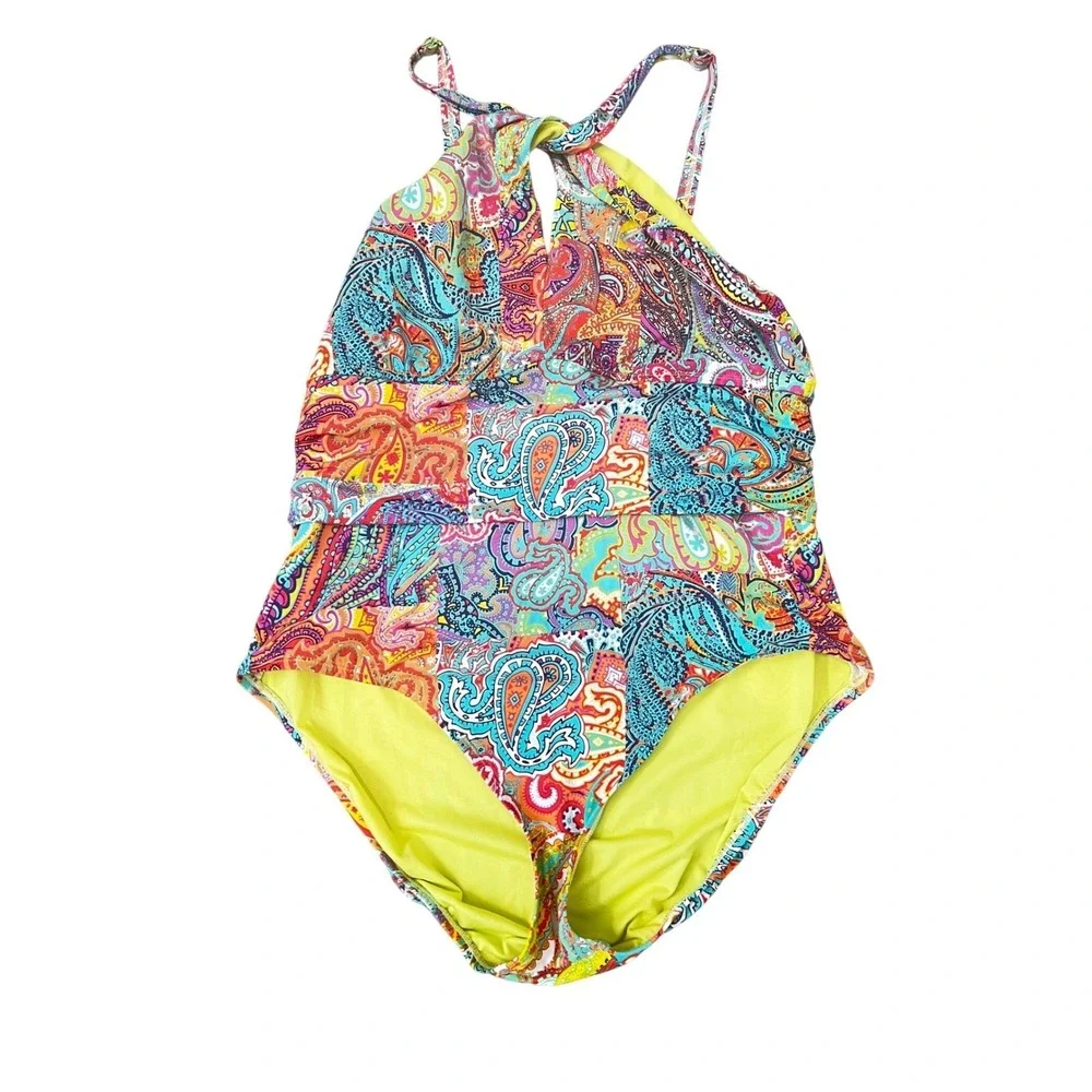 Bleu Rod Beattie Paisley Halter One‎ Piece Swimsuit Plus Size 16W Multi Color